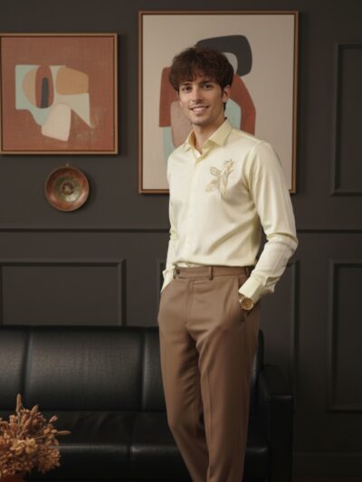 Pehanoge Solare Shirt | Giza Cotton | Feather Embroidery | Luxe Evening Edition